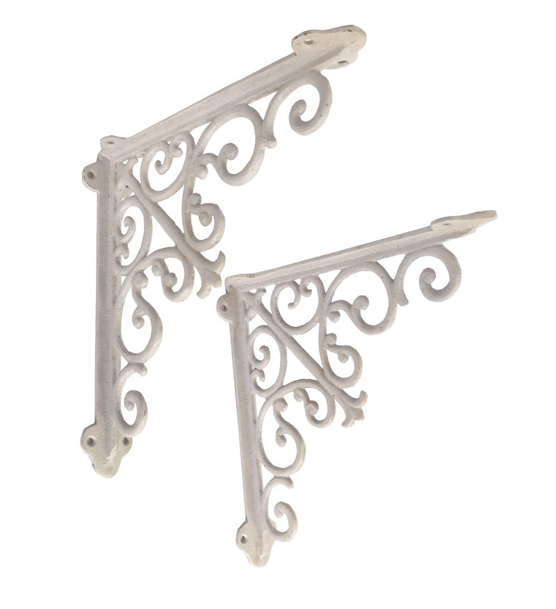 NACH Decorative Shelf Brackets, 2 Pack of 10.6 x 2 x 10.6 inch, Antique White Cast Iron Wall Shelf Brackets - Decorative Bookshelf Brackets - Victorian Style Shelf Bracket - Image 1